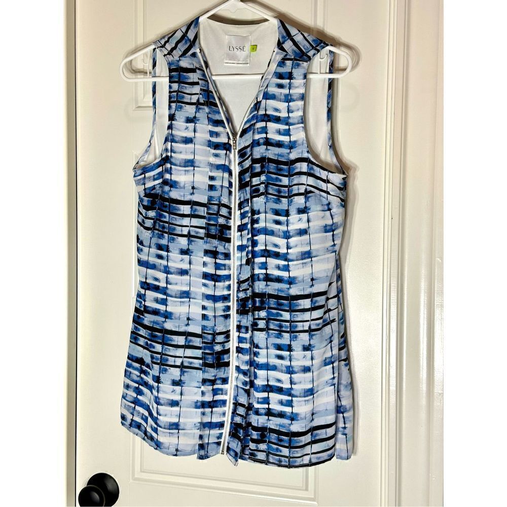 Lysse blue and white zip up tank top size M
